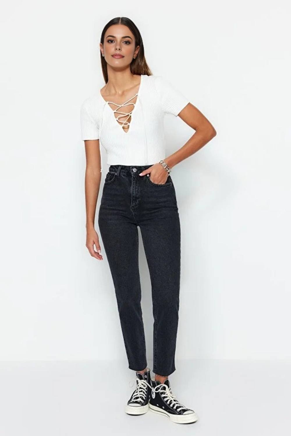 Wovcor High Waist Slim Mom Jeans In Black Wovcor High Waist Slim Mom Jeans In Black