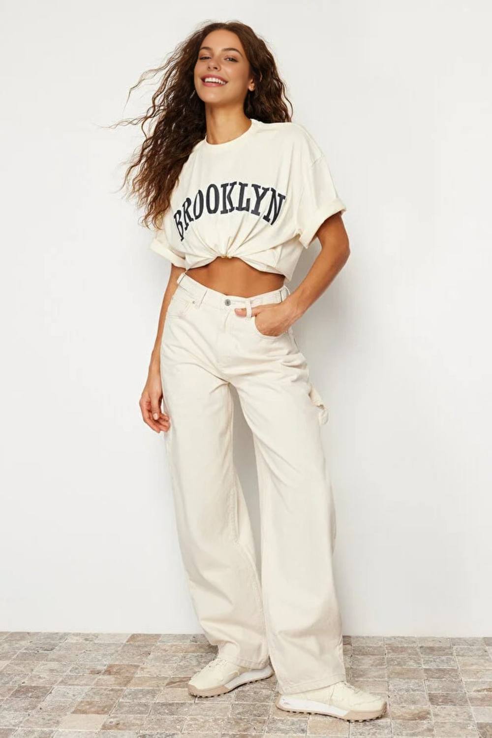 Wovcor High Waist Loose Baggy Carpenter Jeans In Ecru Wovcor High Waist Loose Baggy Carpenter Jeans In Ecru