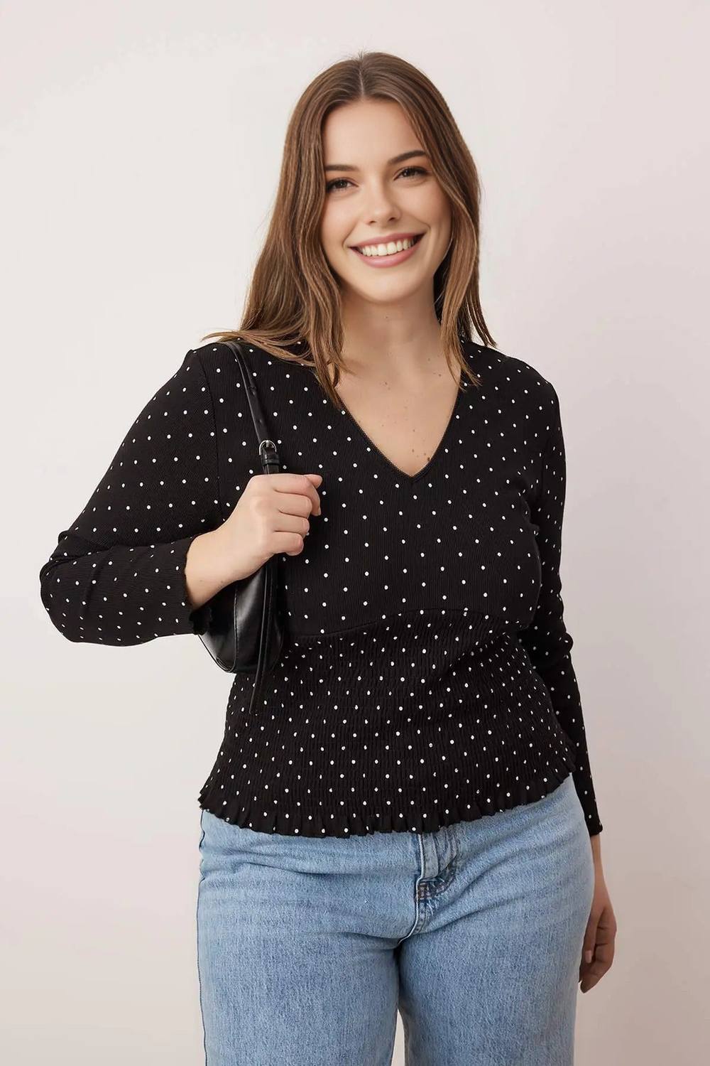 Wovcor Polka Dot Shirred Waist V Neck Long Sleeve Knitted Top In Black Wovcor Polka Dot Shirred Waist V Neck Long Sleeve Knitted Top In Black