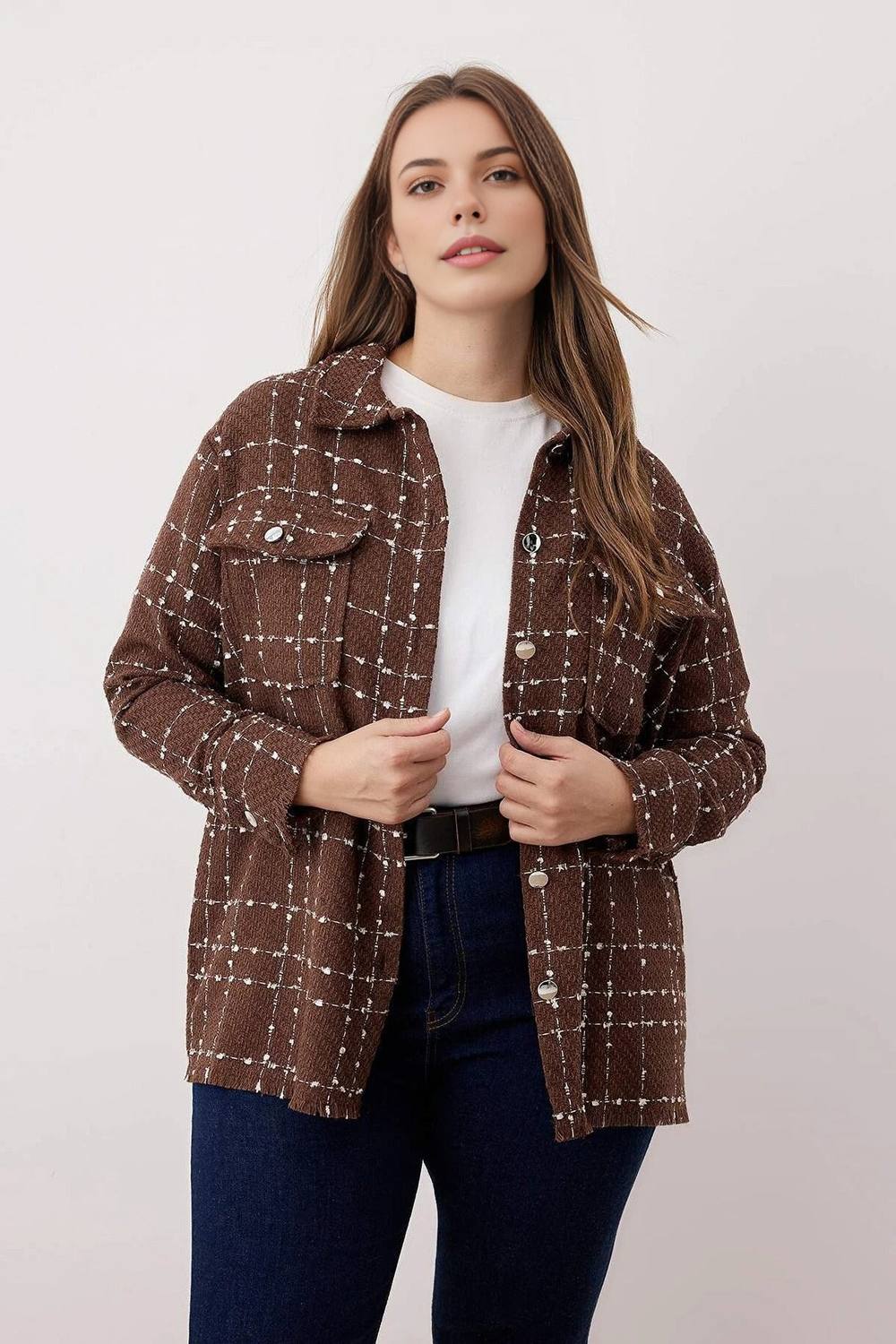 Wovcor Check Pattern Button Up Overshirt Jacket In Brown Wovcor Check Pattern Button Up Overshirt Jacket In Brown