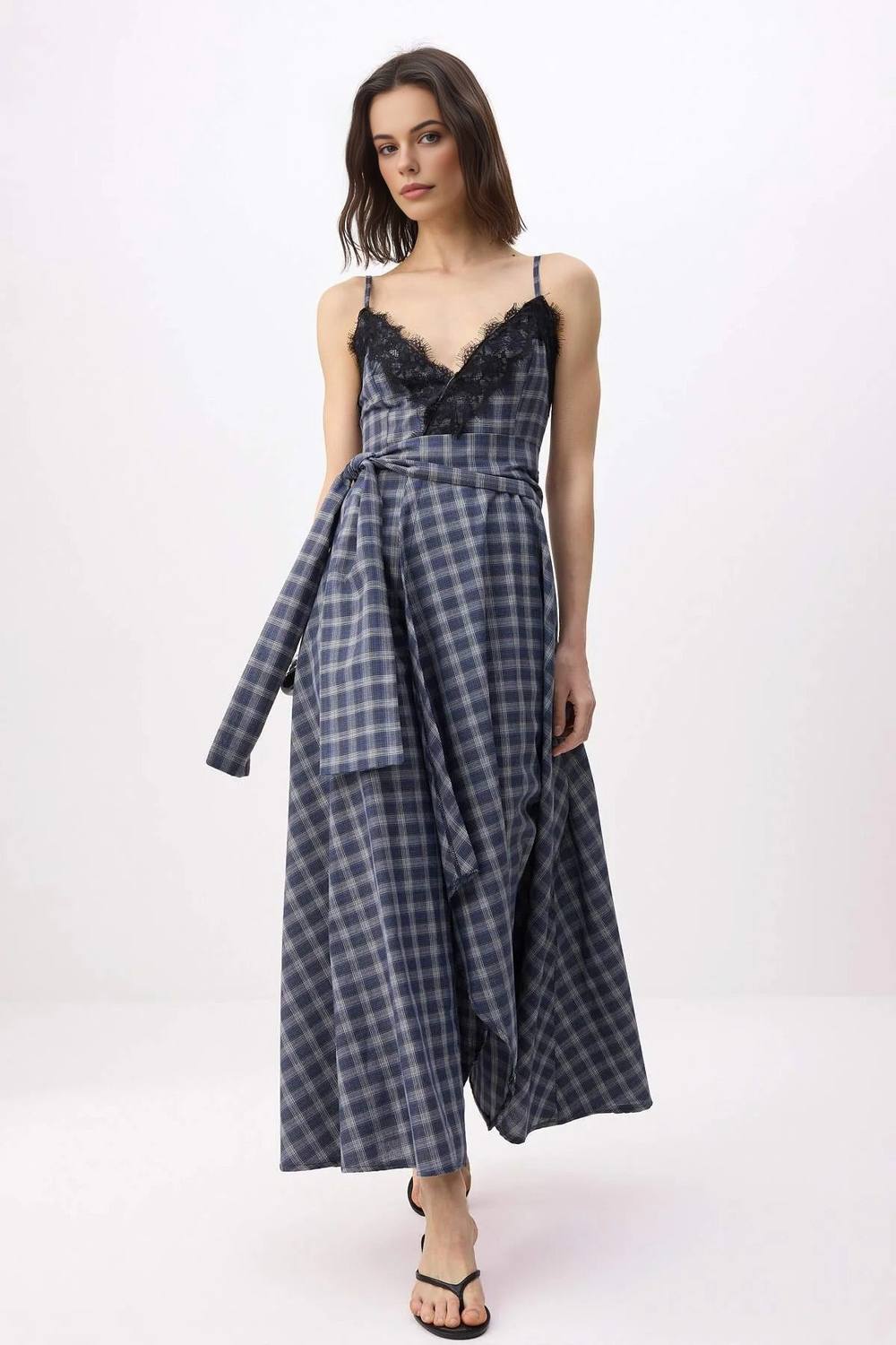 Wovcor Checked Lace Trim Strappy Midi Wrap Dress With Belt Detail Wovcor Checked Lace Trim Strappy Midi Wrap Dress With Belt Detail