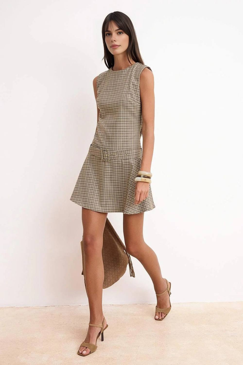 Wovcor Checked Sleeveless Mini A-Line Dress With Belt & Structured Fit Wovcor Checked Sleeveless Mini A-Line Dress With Belt & Structured Fit