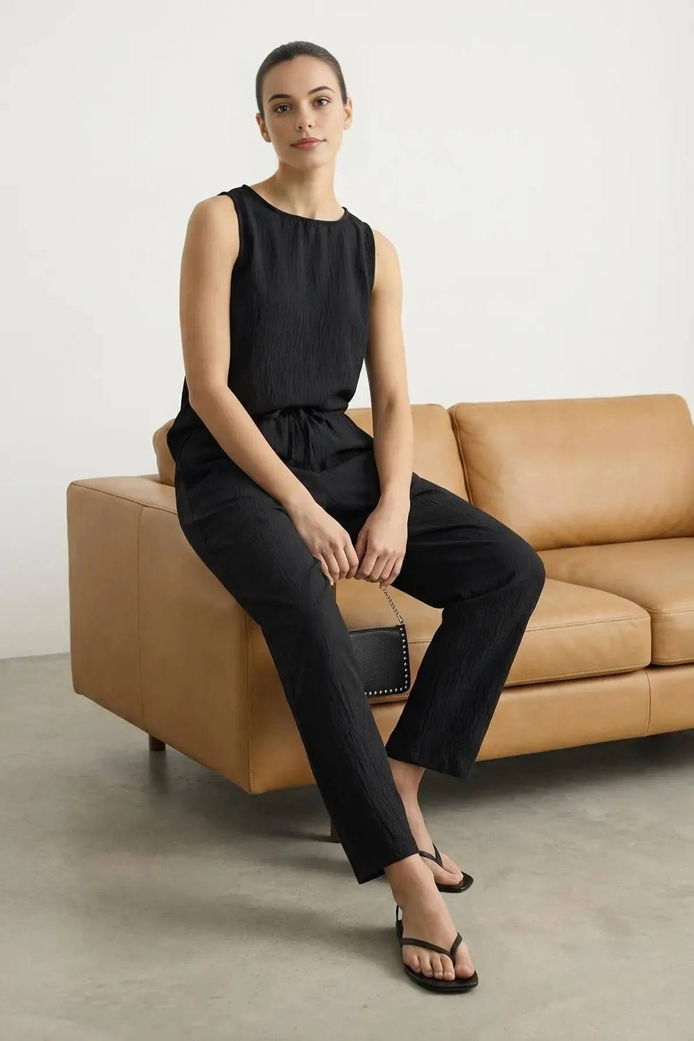 Wovcor Sleeveless Textured Wide Leg Co Ord Set With Tie Waist In Black Wovcor Sleeveless Textured Wide Leg Co Ord Set With Tie Waist In Black