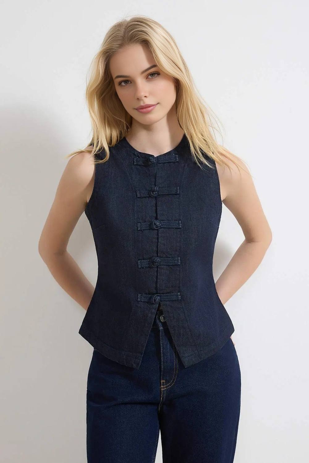Wovcor Fitted Cotton Denim Vest With Button Detail Sleeveless In Dark Navy Wovcor Fitted Cotton Denim Vest With Button Detail Sleeveless In Dark Navy