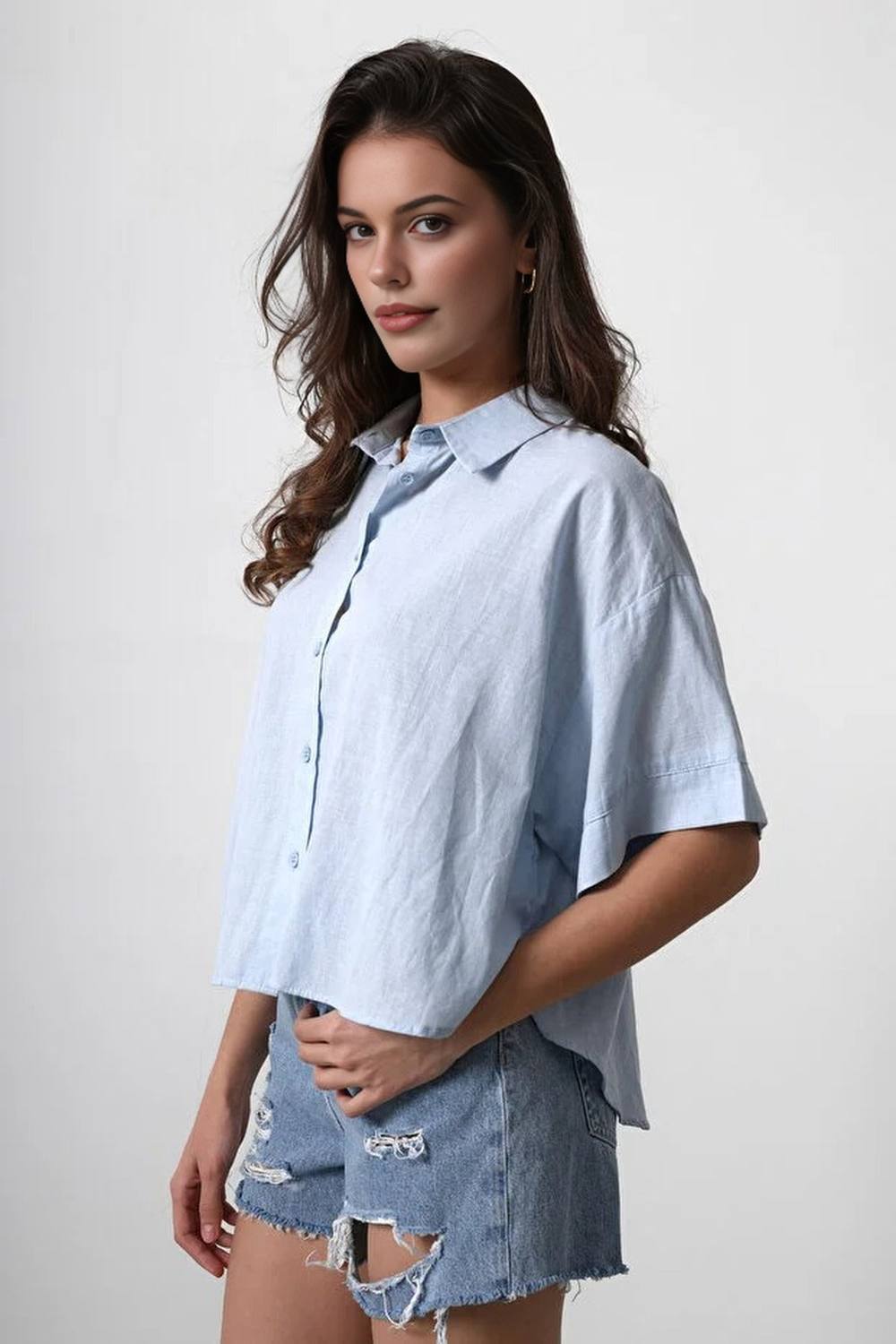 Wovcor Relaxed Fit Short Sleeve Button Front Cropped Shirt In Blue Wovcor Relaxed Fit Short Sleeve Button Front Cropped Shirt In Blue