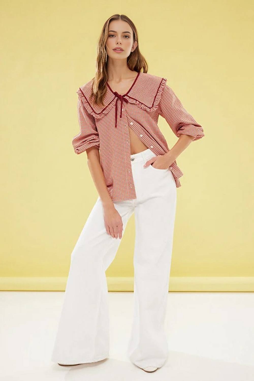 Wovcor Gingham Frill Collar Tie Detail Long Sleeve Shirt Wovcor Gingham Frill Collar Tie Detail Long Sleeve Shirt
