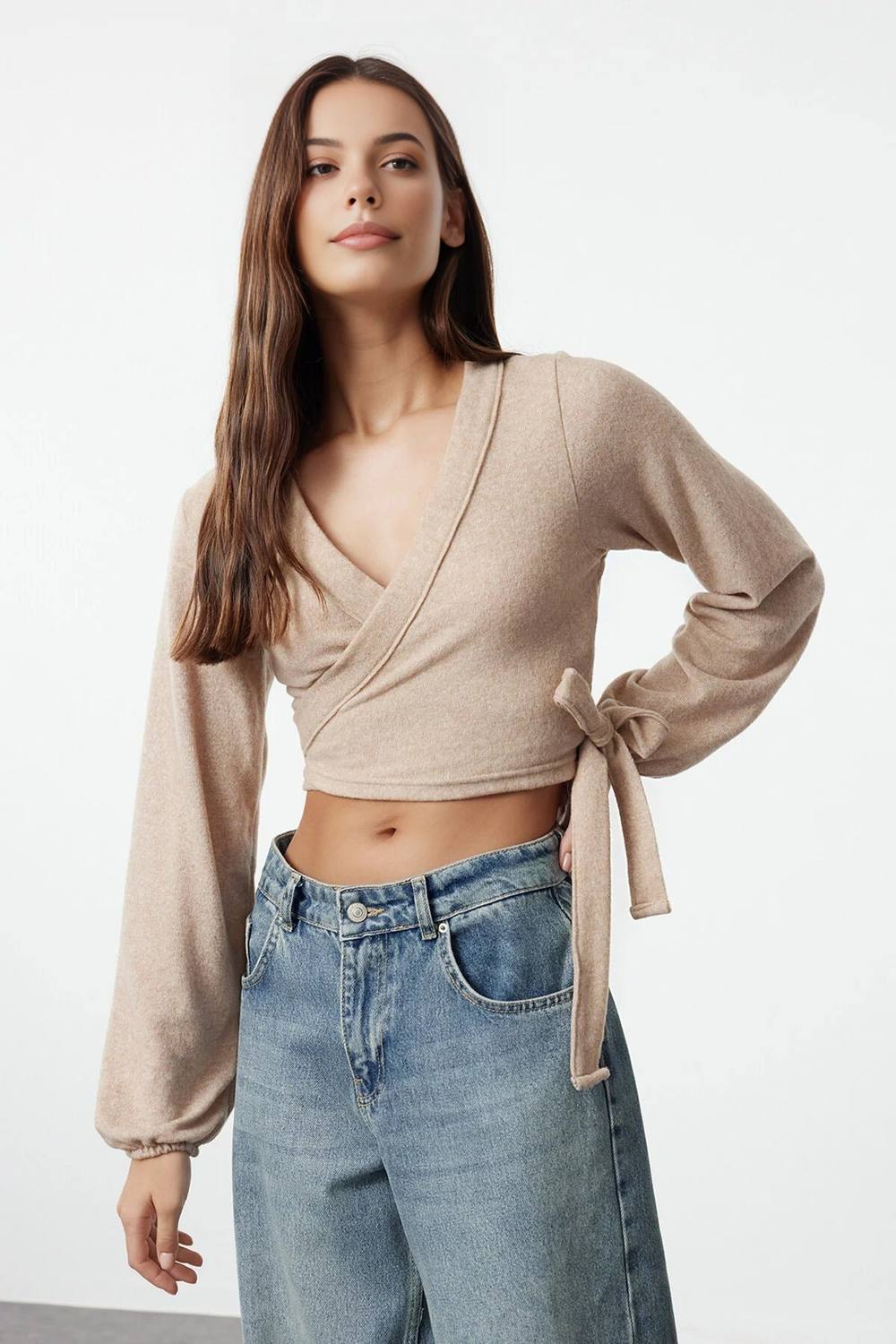 Wovcor Wrap Tie Side Long Sleeve Knitted Blouse Top In Beige Wovcor Wrap Tie Side Long Sleeve Knitted Blouse Top In Beige