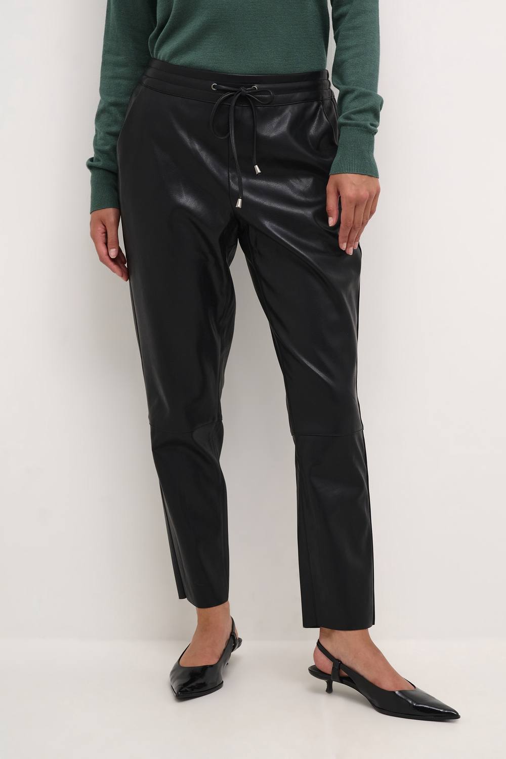 Kaffe Kavilla Joggers Pleather Cropped Length In True Black Kaffe Kavilla Joggers Pleather Cropped Length In True Black