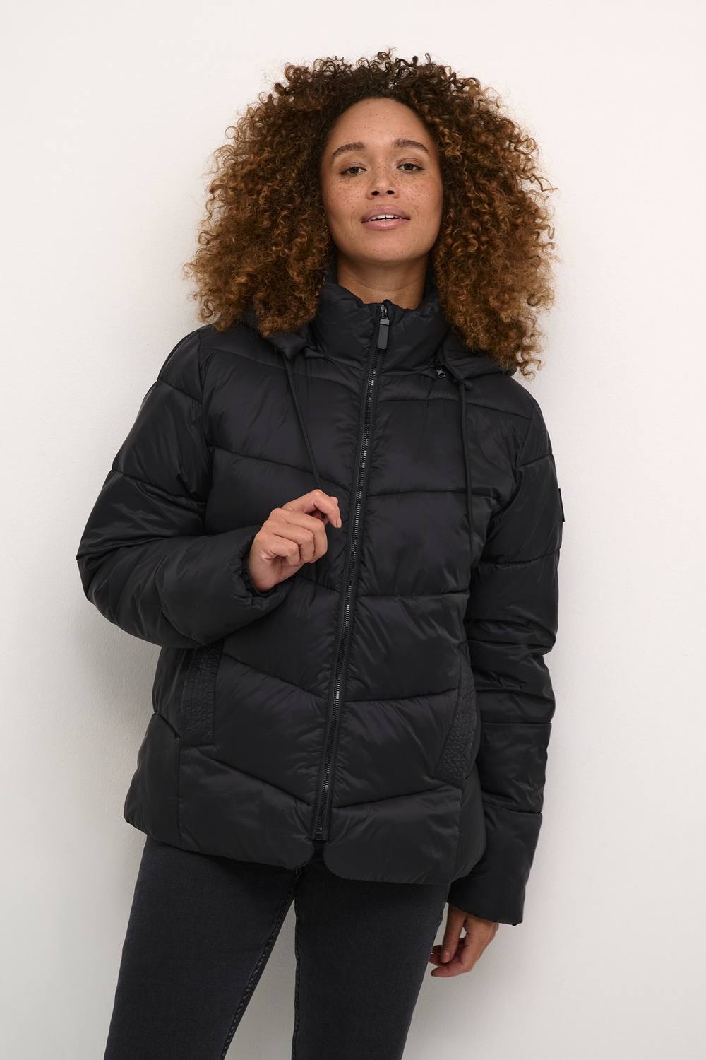 Kaffe Susanne Hood Zipper Puffer Jacket In Black Kaffe Susanne Hood Zipper Puffer Jacket In Black