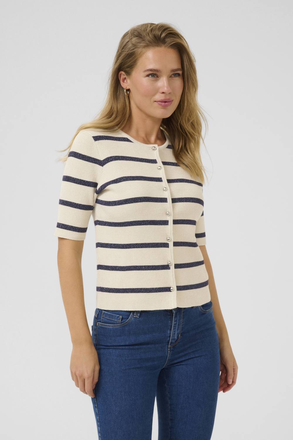 Kaffe Kamorita Short Sleeve Striped Cardigan In Cream Kaffe Kamorita Short Sleeve Striped Cardigan In Cream