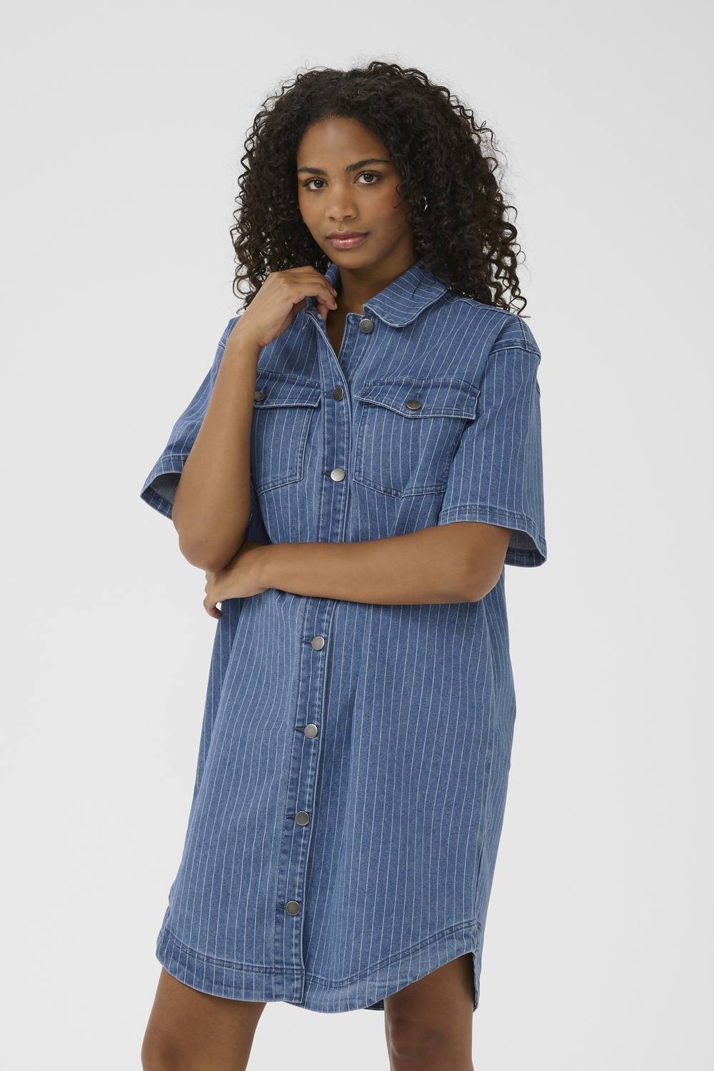 Kaffe Kareece Denim Shirt Dress Knee Length In Mid Blue Kaffe Kareece Denim Shirt Dress Knee Length In Mid Blue