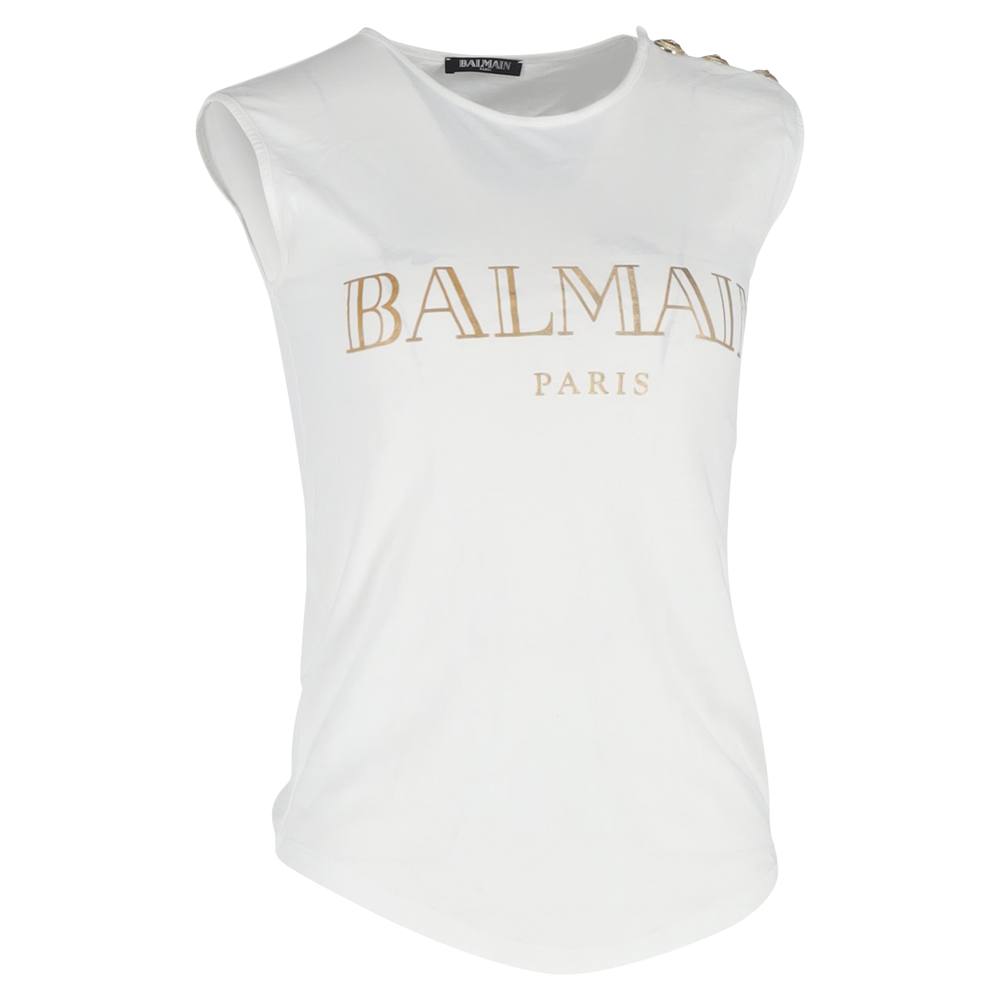 Balmain Preloved Logo Print Tank Top In White Cotton In Ecru