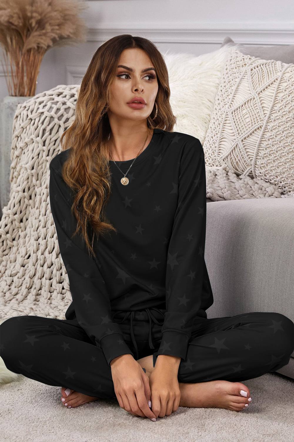 Fs Collection Grey Star Print Loungewear Co Ord Set In Black Fs Collection Grey Star Print Loungewear Co Ord Set In Black