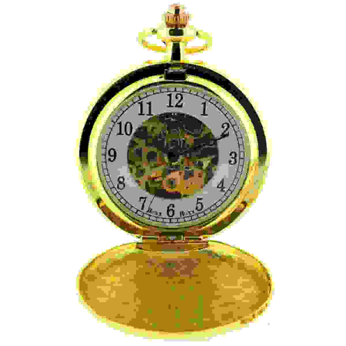 Boxx Mens Gold Tone Skeleton Mechanical Pocket Watch Inch Chain M.