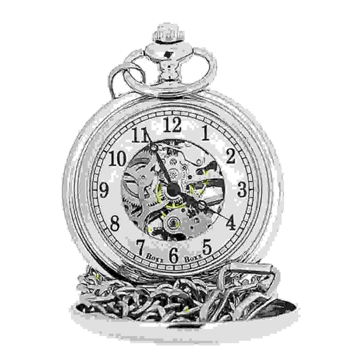 Boxx Mens Silver Tone Skeleton Mechanical Pocket Watch ” Chain M.