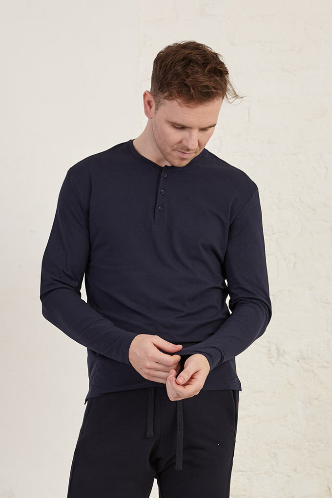 Henley Long Sleeve Regular Fit Organic Cotton Jersey Shirt – S Navy Blue Henley Long Sleeve Regular Fit Organic Cotton Jersey Shirt – S Navy Blue
