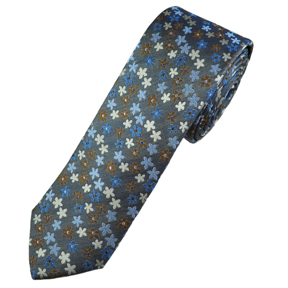 Navy, Copper Brown, Sky Blue & Silver Flower Pattern Men's Silk Skinny Tie Navy, Copper Brown, Sky Blue & Silver Flower Pattern Men's Silk Skinny Tie