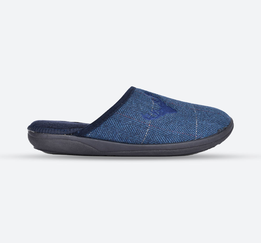 Mens Wide Fit Padders Stag Mule Slippers, Navy Combi E Mens Wide Fit Padders Stag Mule Slippers, Navy Combi E