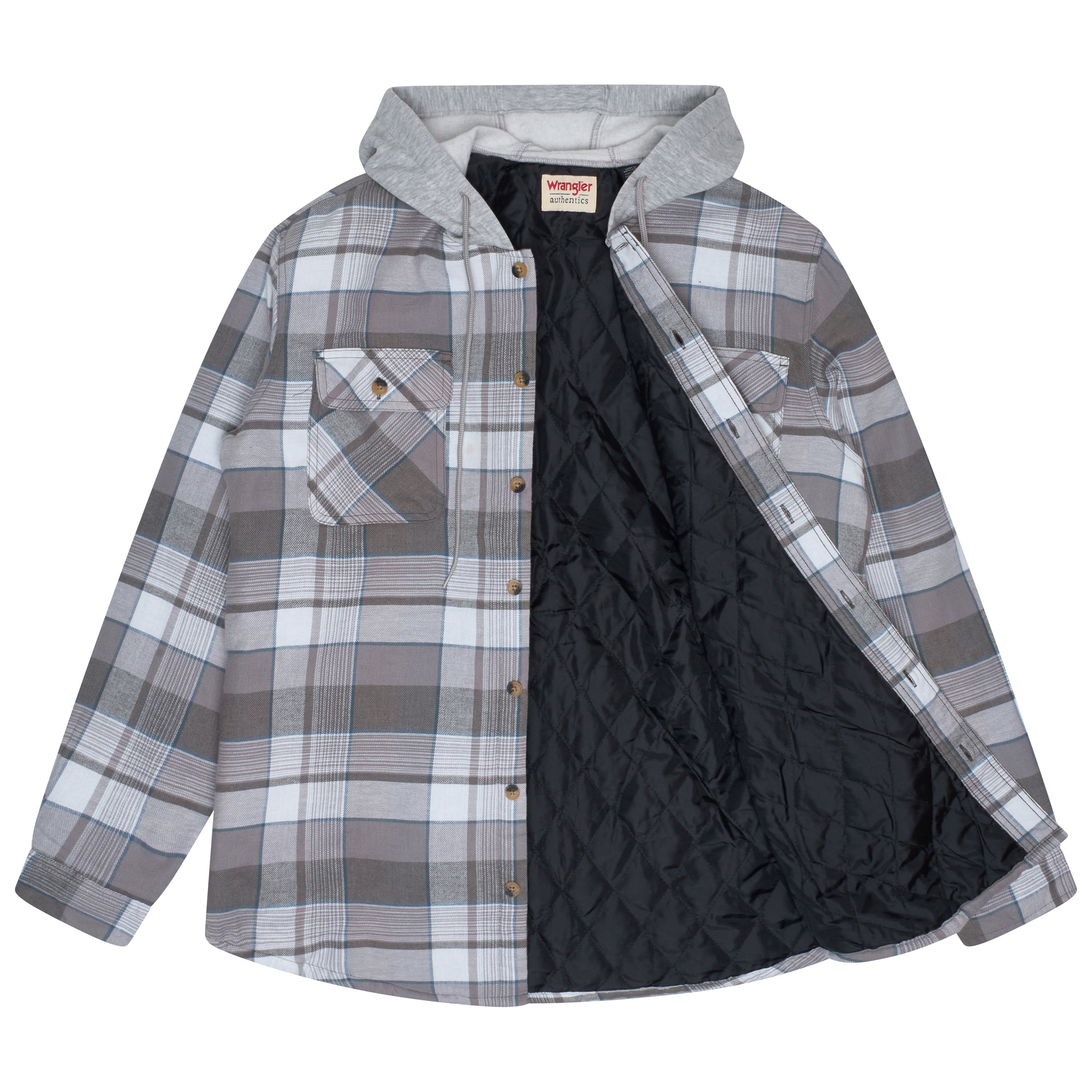 Wrangler Padded Hooded Shirt Jacket – Grey Check Wrangler Padded Hooded Shirt Jacket – Grey Check