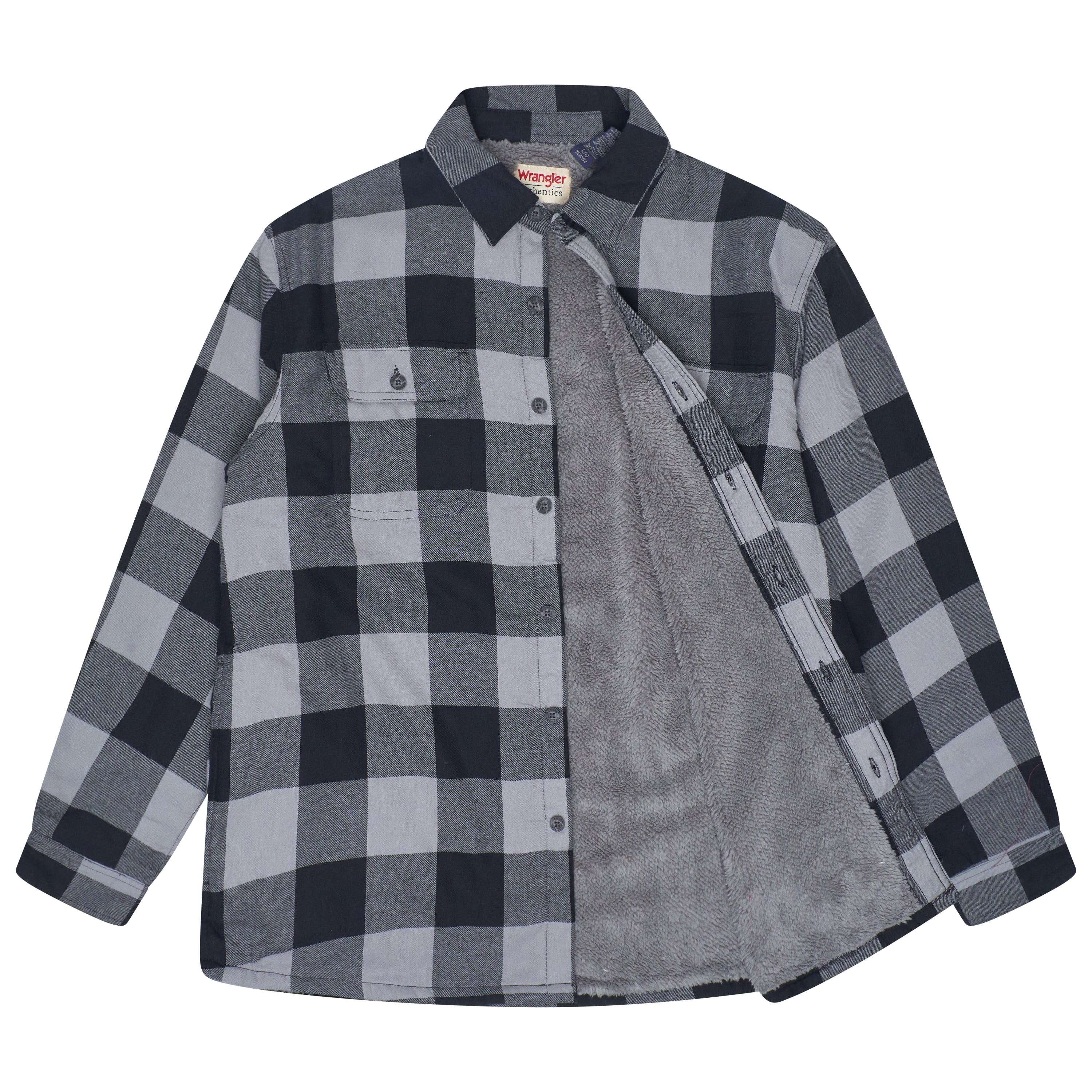Wrangler Sherpa Lined Plaid Overshirt – L Black Check Wrangler Sherpa Lined Plaid Overshirt – L Black Check