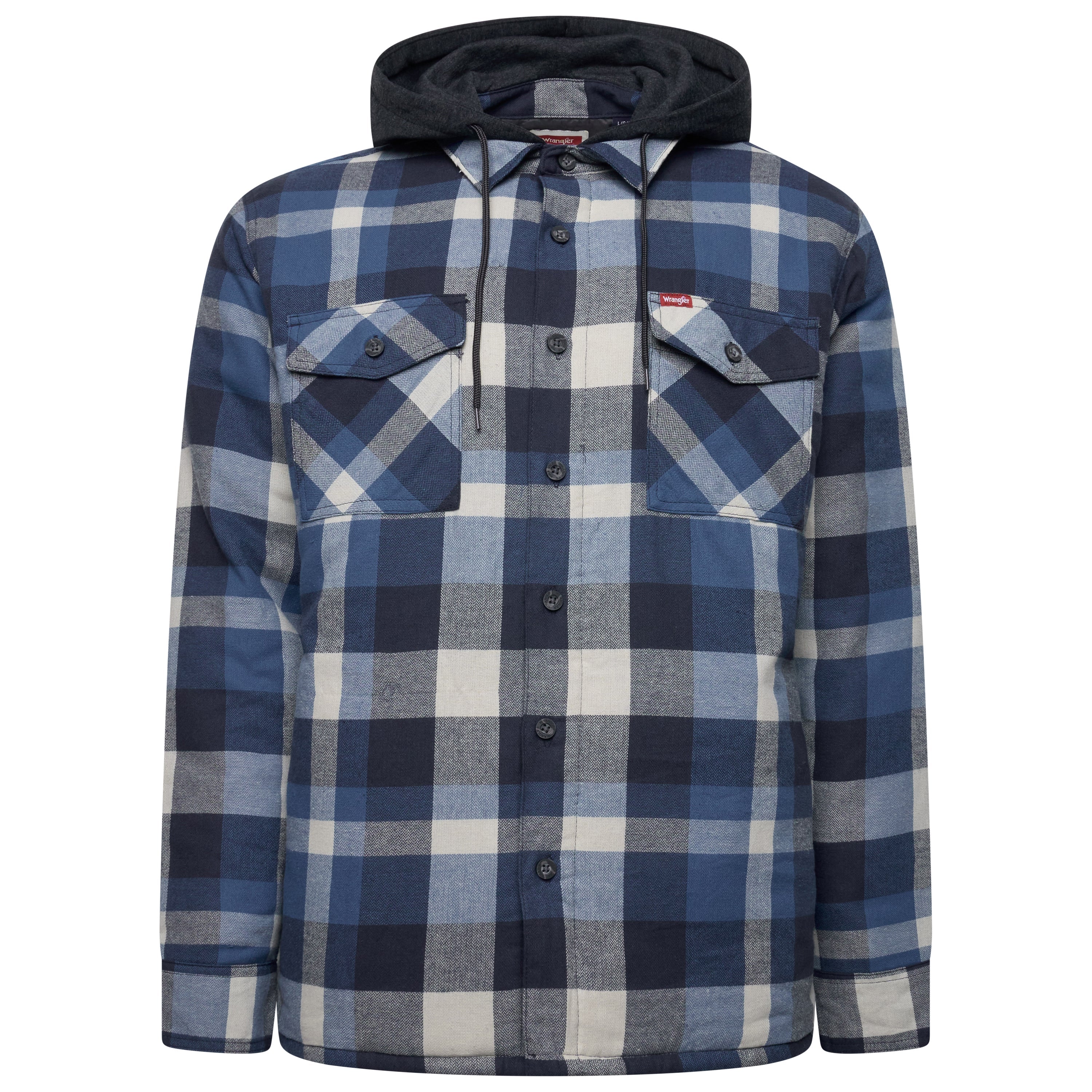 Wrangler Hooded Padded Overshirt Jacket – Blue Check Wrangler Hooded Padded Overshirt Jacket – Blue Check