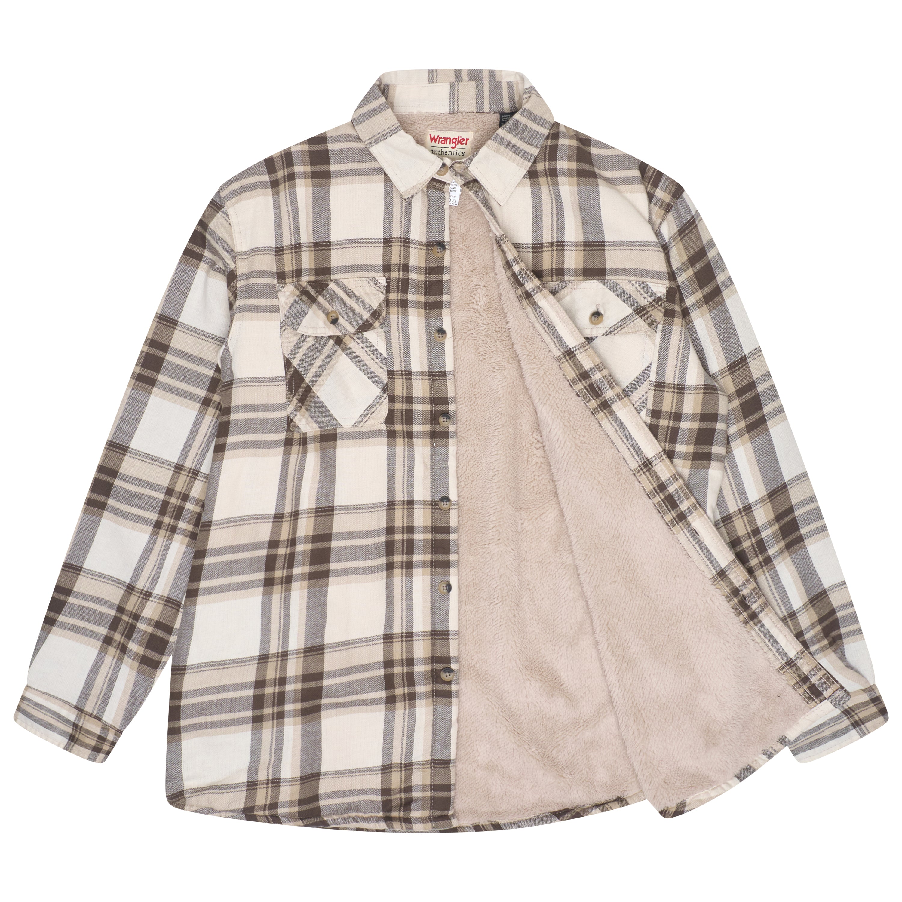 Wrangler Sherpa Lined Plaid Overshirt – Beige Check Wrangler Sherpa Lined Plaid Overshirt – Beige Check