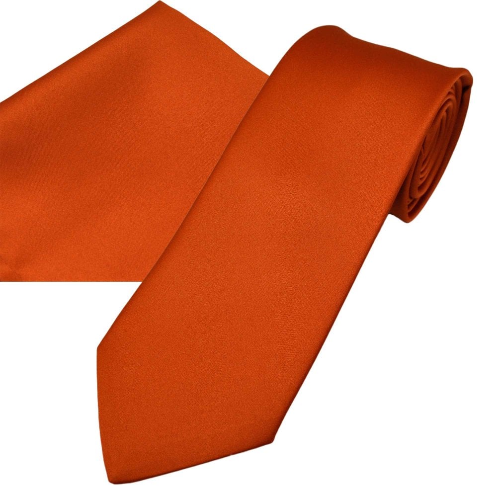Plain Terracotta Orange Men's Satin Tie & Pocket Square Handkerchief Set Plain Terracotta Orange Men's Satin Tie & Pocket Square Handkerchief Set