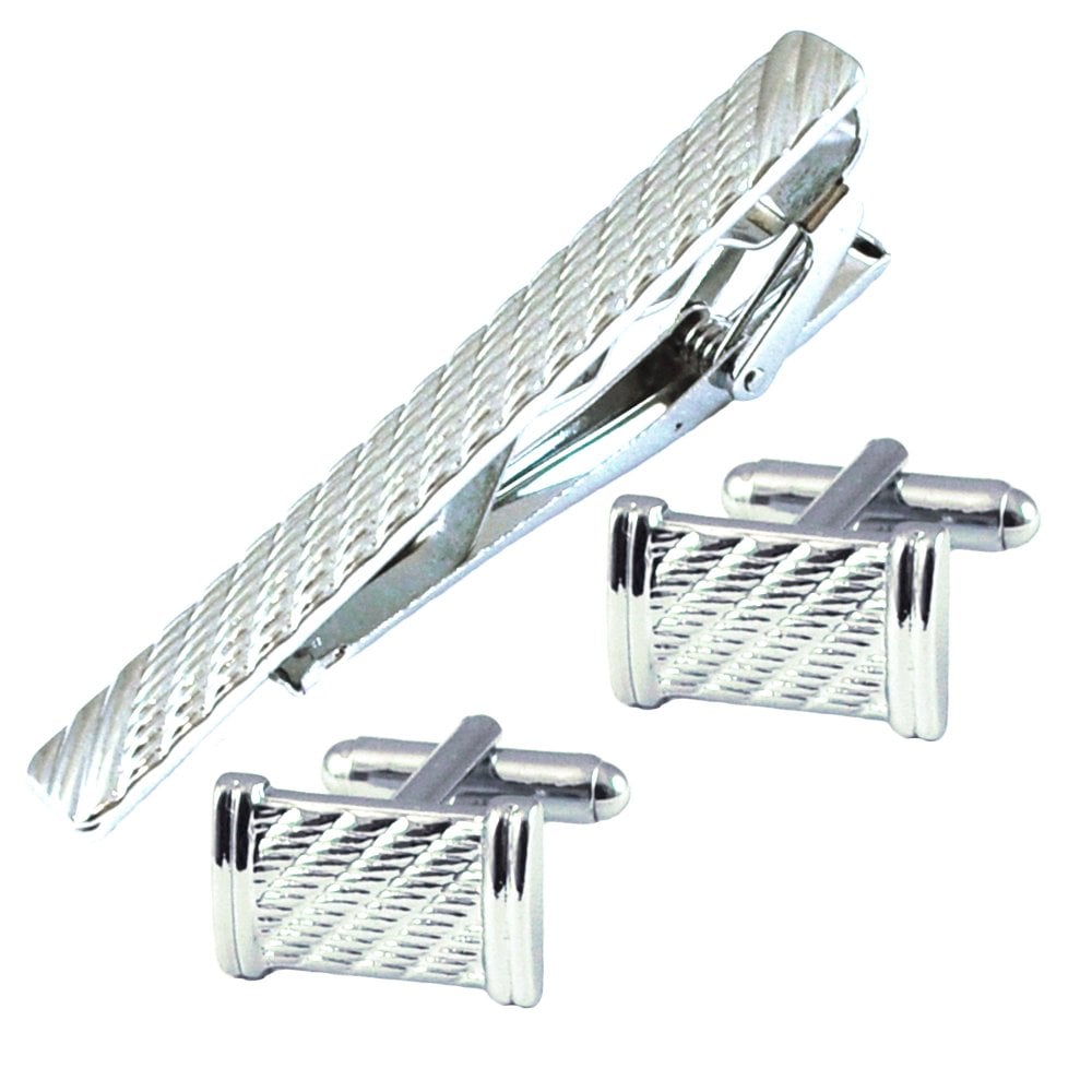 Rhodium Plated Textured Tie Clip & Cufflinks Set Rhodium Plated Textured Tie Clip & Cufflinks Set