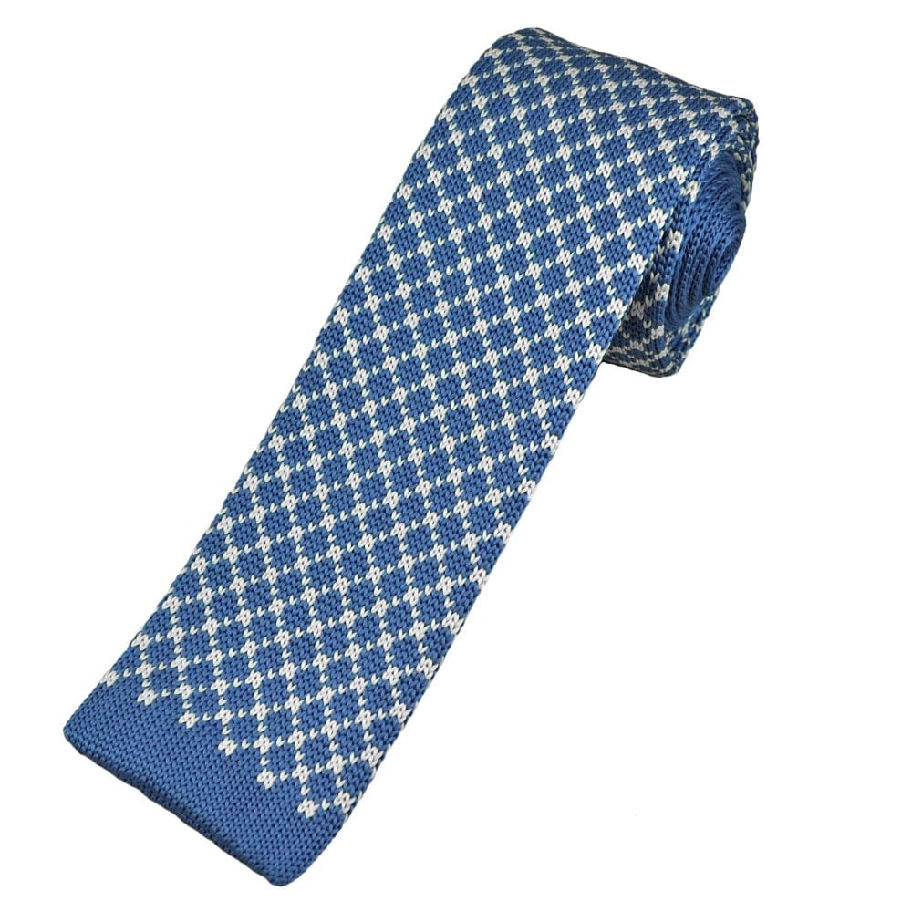Royal Blue & Ivory Cream Diamond Pattern Men's Skinny Knitted Tie Royal Blue & Ivory Cream Diamond Pattern Men's Skinny Knitted Tie