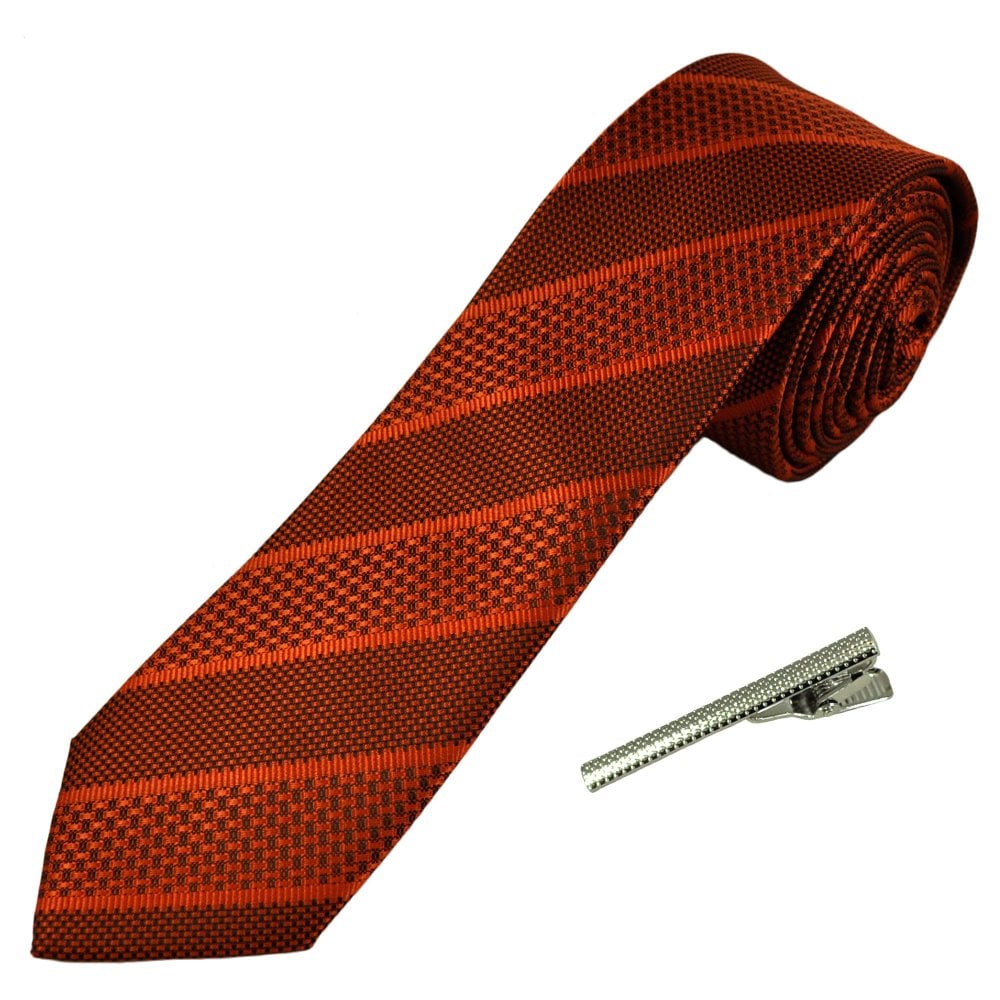 Rust Orange Striped Men's Skinny Tie with Tie Clip Rust Orange Striped Men's Skinny Tie with Tie Clip