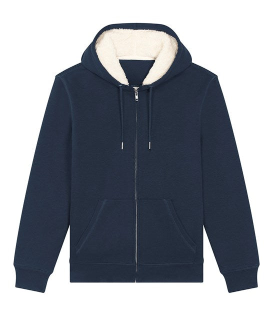Organic Sherpa Zipped Hooded Sweatshirt: Unisex – French Navy Organic Sherpa Zipped Hooded Sweatshirt: Unisex – French Navy