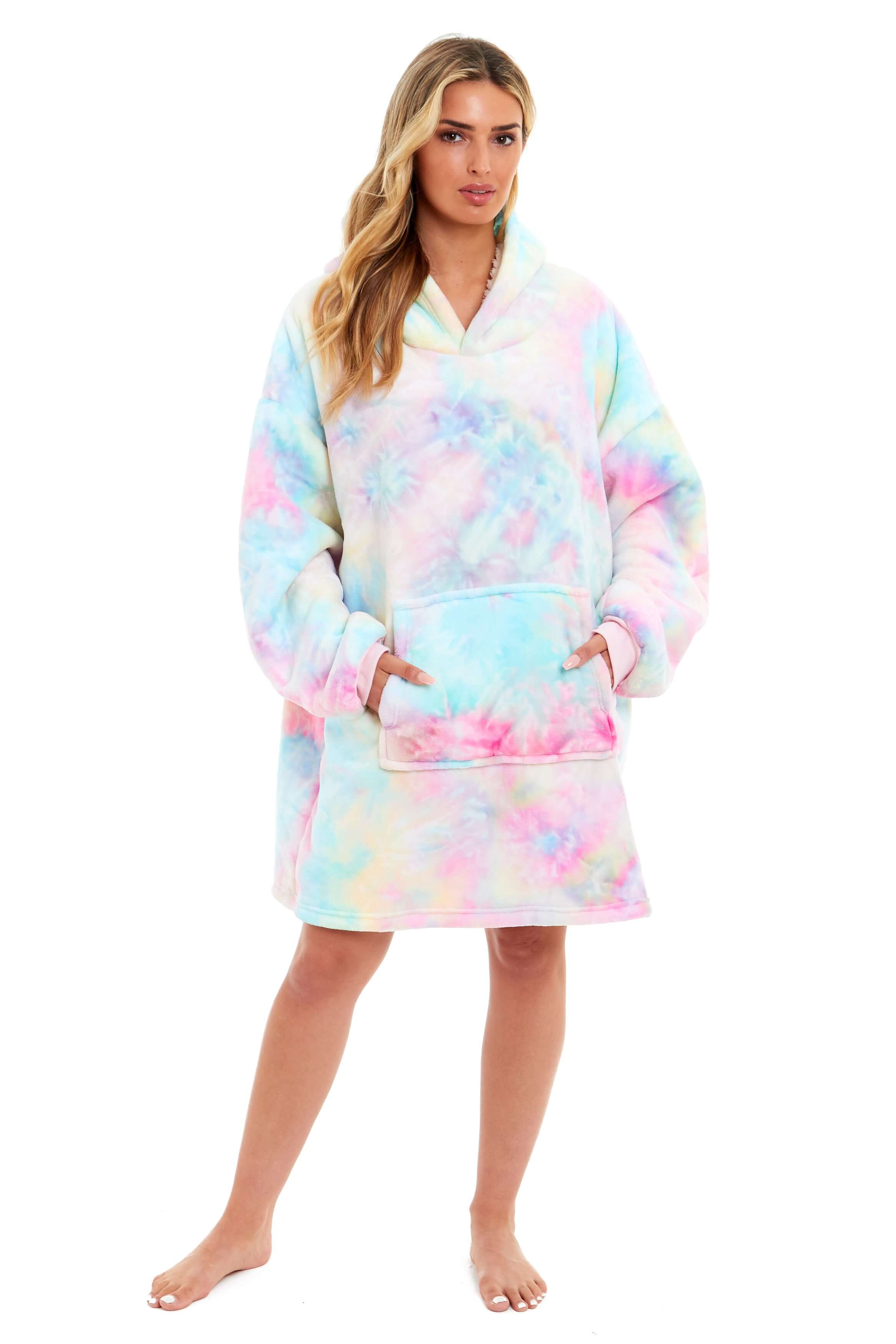 Tie Dye Rainbow Oversized Hooded Plush Fleece Wearable Blanket with Sherpa, Elastic Cuffs, and Double Pocket for Adults and Kids by Daisy Dreamer Tie Dye Rainbow Oversized Hooded Plush Fleece Wearable Blanket with Sherpa, Elastic Cuffs, and Double Pocket for Adults and Kids by Daisy Dreamer