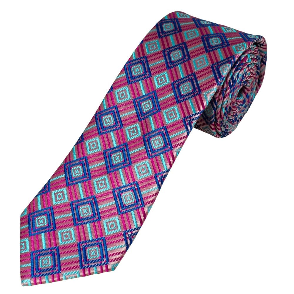 Tresanti Celeste Dusky Pink, Fuchsia, Royal Blue & Turquoise Square Patterned Men's Silk Tie Tresanti Celeste Dusky Pink, Fuchsia, Royal Blue & Turquoise Square Patterned Men's Silk Tie