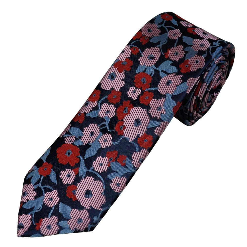 Tresanti Celeste Navy Blue, Grey, Red & Pink Flower Pattern Men's Silk Tie Tresanti Celeste Navy Blue, Grey, Red & Pink Flower Pattern Men's Silk Tie