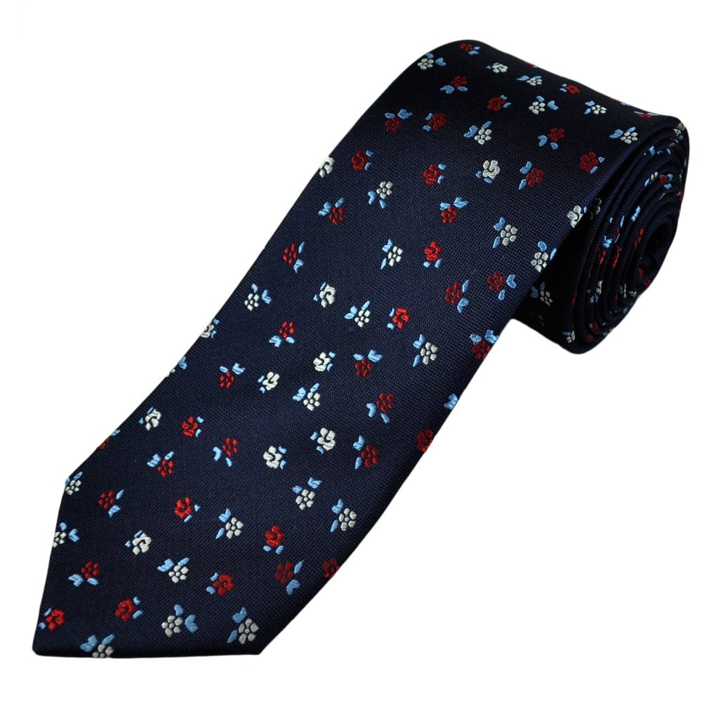 Tresanti Celeste Navy, Light Blue, Red & White Floral Pattern Men's Silk Designer Tie Tresanti Celeste Navy, Light Blue, Red & White Floral Pattern Men's Silk Designer Tie