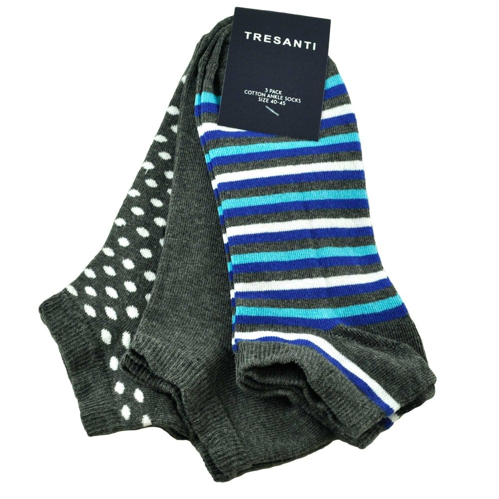 Tresanti Men's Trainer Socks Pack – Grey Striped, Plain & Grey & White Polka Dot Tresanti Men's Trainer Socks Pack – Grey Striped, Plain & Grey & White Polka Dot
