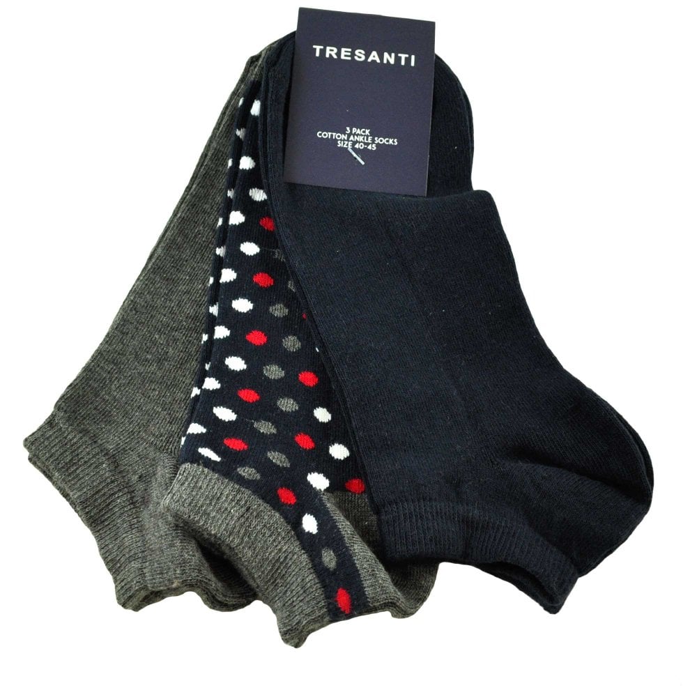 Tresanti Men's Trainer Socks Pack – Plain Navy Blue, Navy Polka Dot, Plain Grey Tresanti Men's Trainer Socks Pack – Plain Navy Blue, Navy Polka Dot, Plain Grey