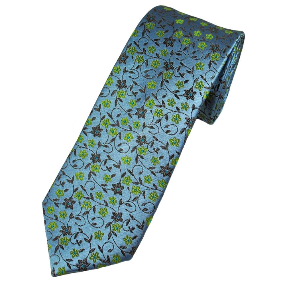 Tresanti Reale Light Blue, Brown & Green Floral Pattern Silk Men's Designer Tie Tresanti Reale Light Blue, Brown & Green Floral Pattern Silk Men's Designer Tie