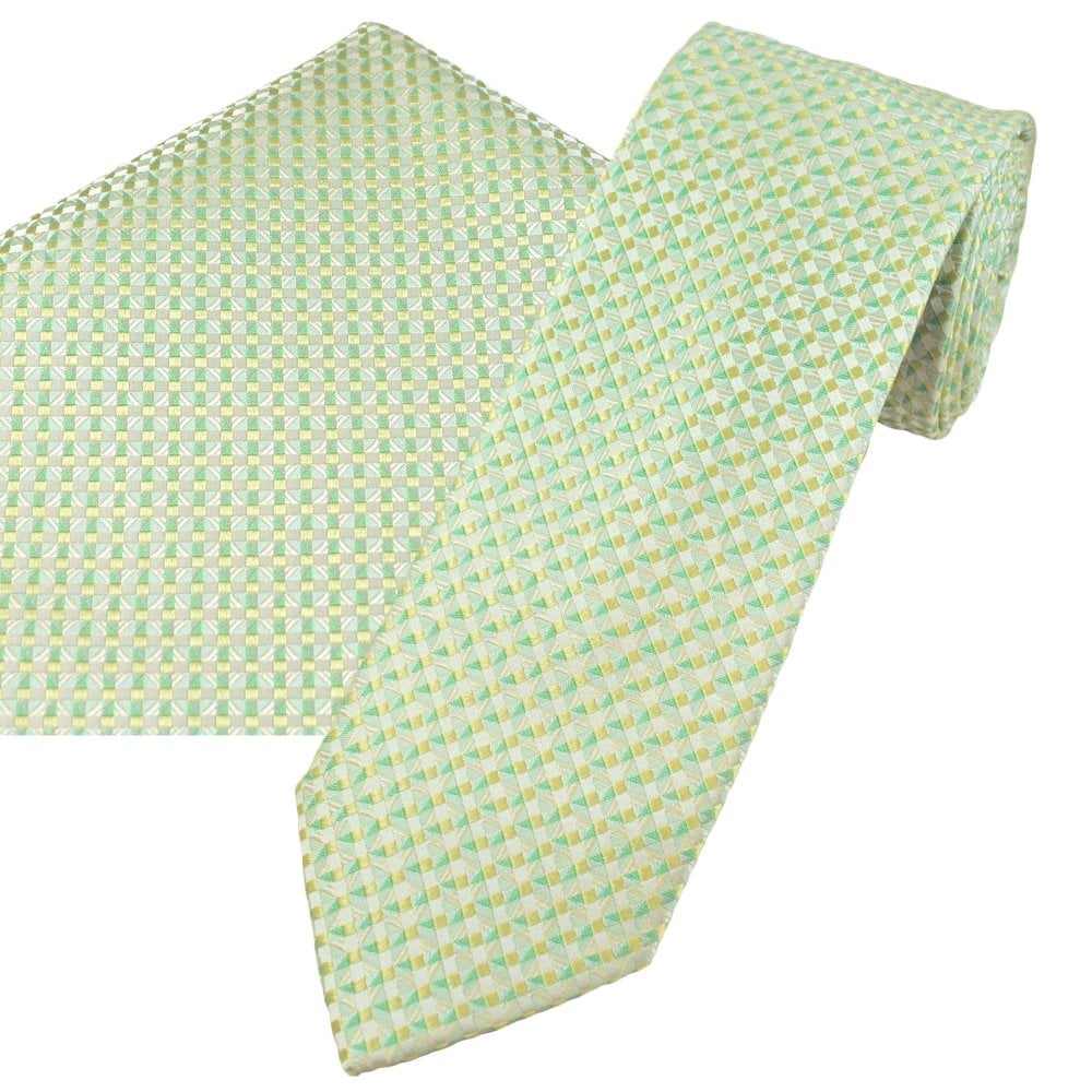 Tresanti Yellow, Green & Ivory Checked Pattern Silk Tie & Pocket Square Handkerchief Set Tresanti Yellow, Green & Ivory Checked Pattern Silk Tie & Pocket Square Handkerchief Set