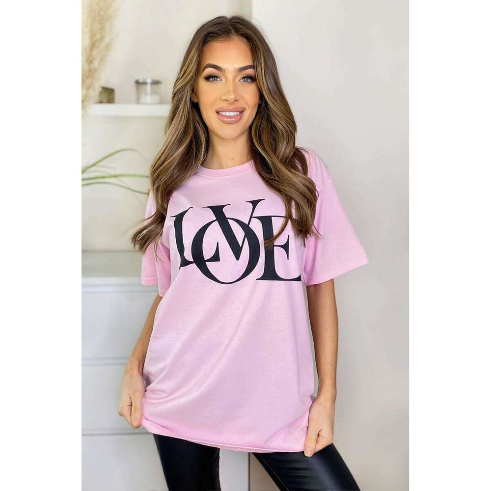 Ladies Oversized Love Print Slogan Short Sleeves T Shirt Top – ML Baby Pink Ladies Oversized Love Print Slogan Short Sleeves T Shirt Top – ML Baby Pink
