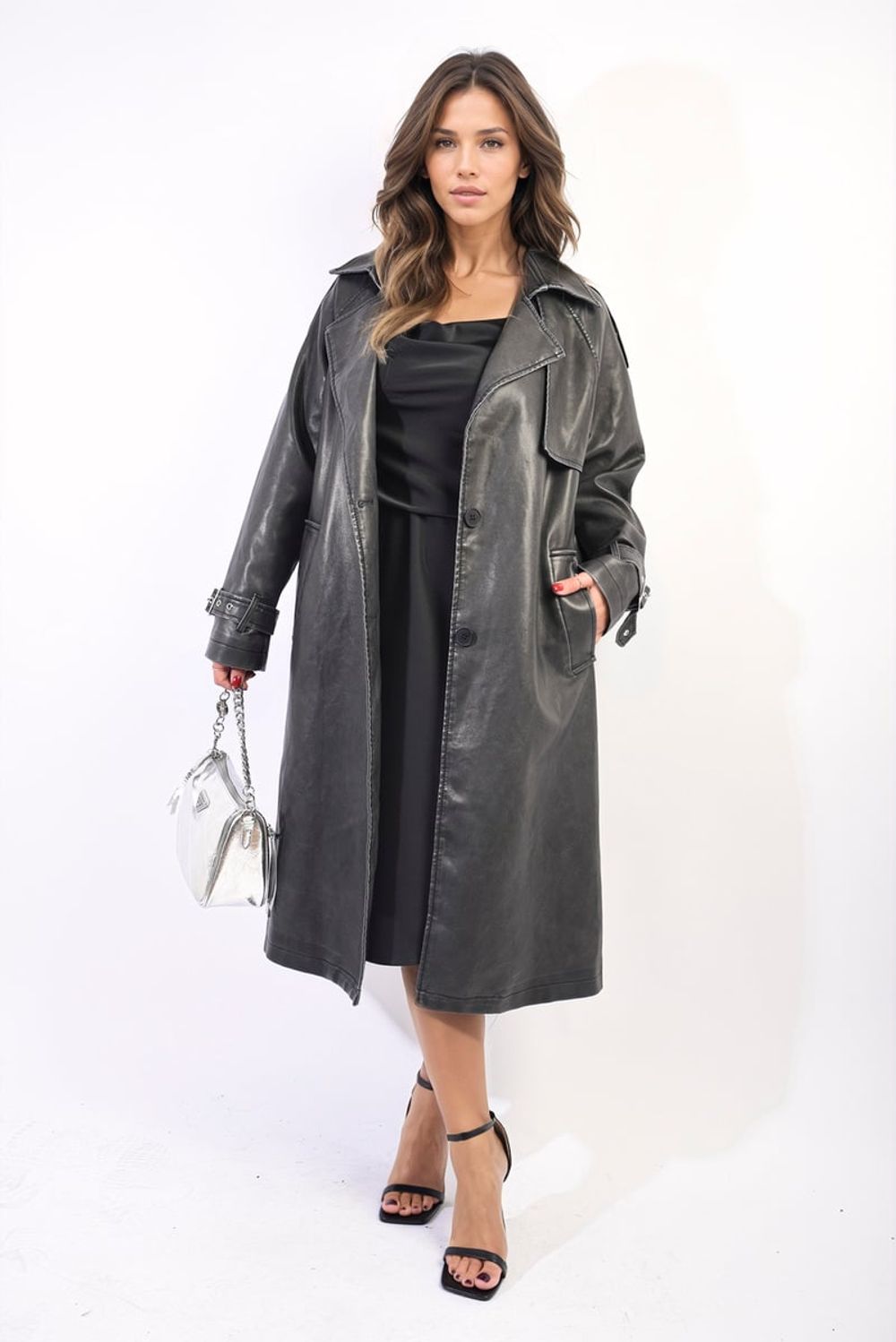 Luxe Faux Leather Lapel Trench Coat Jacket – M Grey Luxe Faux Leather Lapel Trench Coat Jacket – M Grey