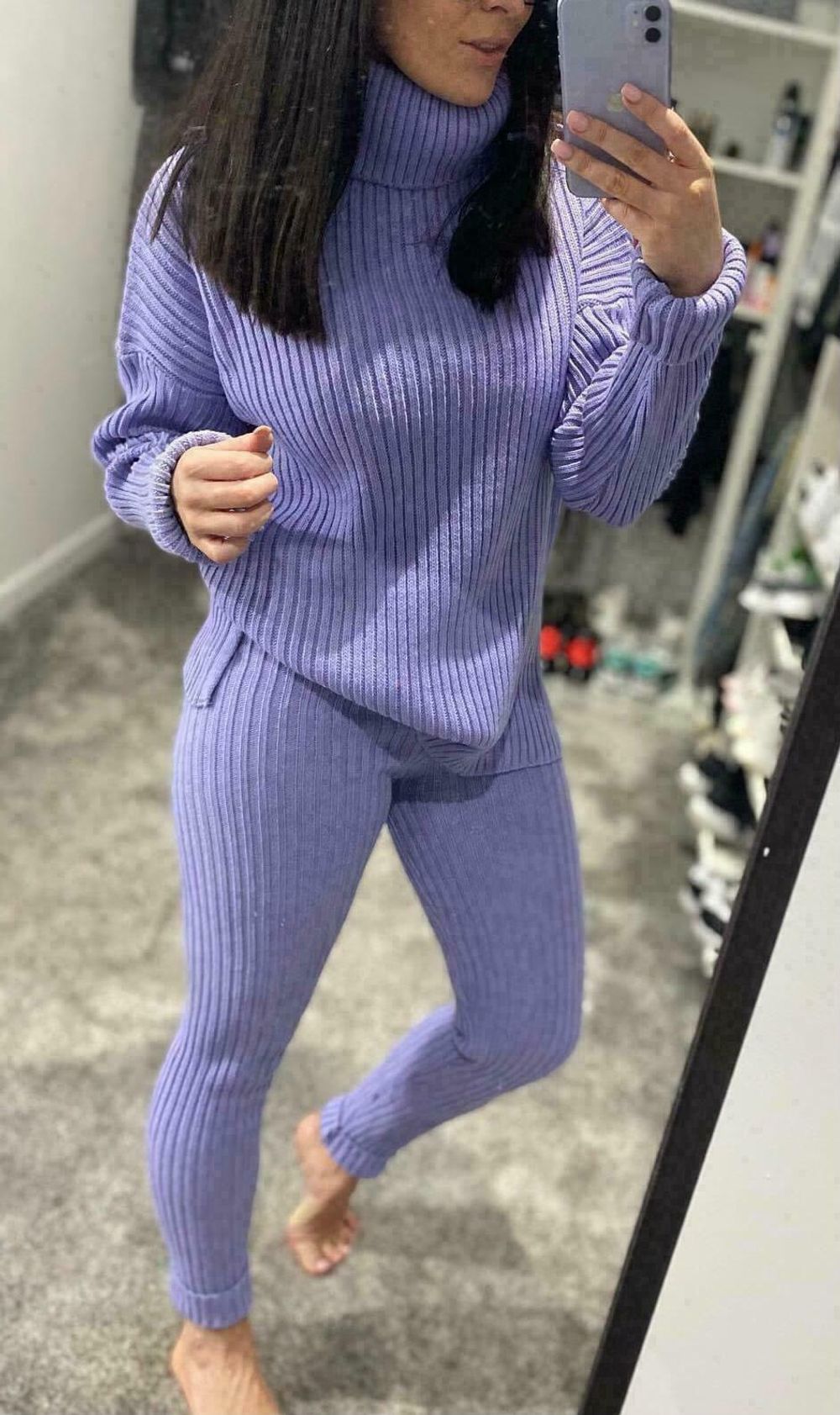 Ladies Chunky Knitted Ribbed Polo High Neck Top Leggings Loungewear Suit Set – One Size – Lilac Ladies Chunky Knitted Ribbed Polo High Neck Top Leggings Loungewear Suit Set – One Size – Lilac