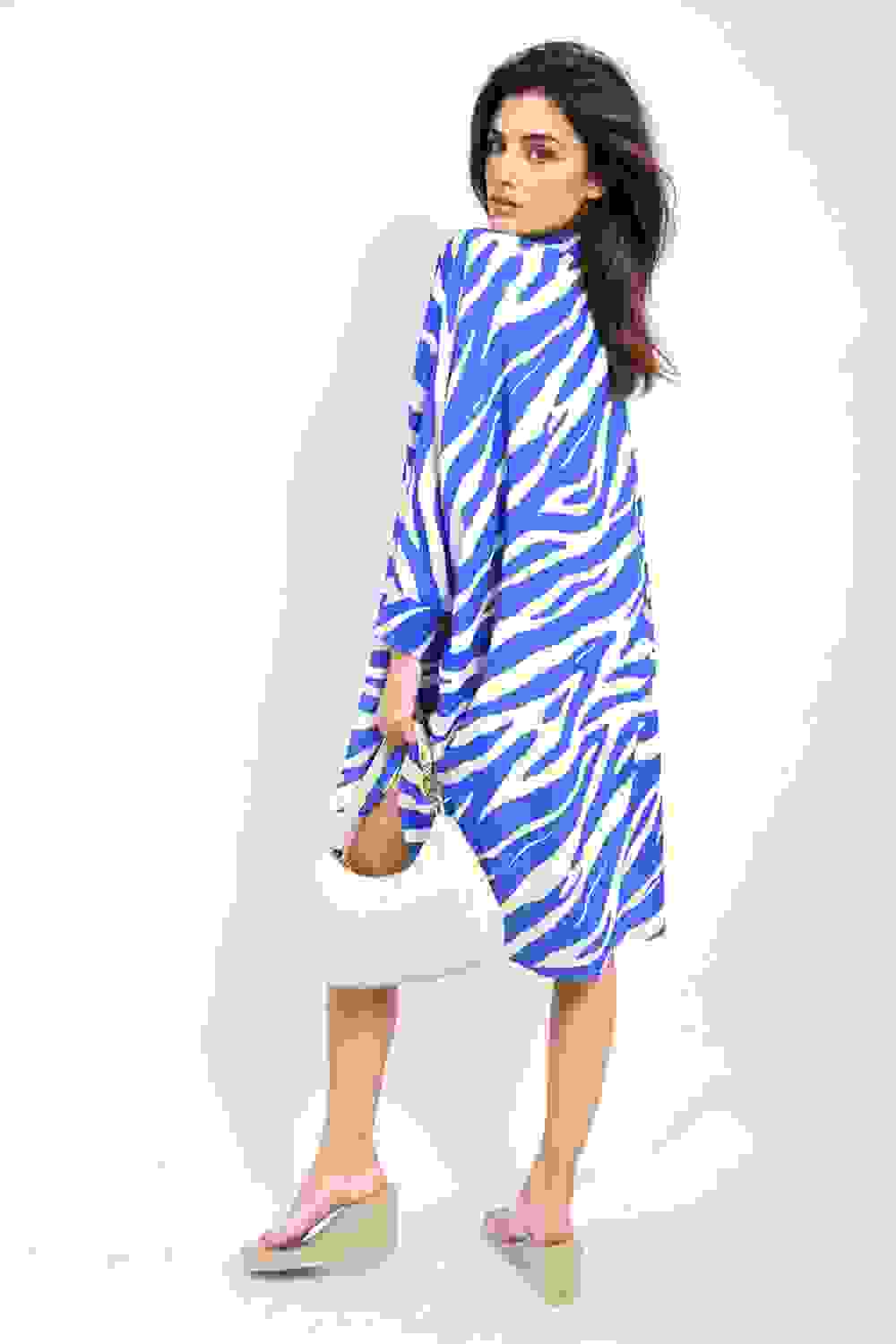 Jodie Long Sleeve Zebra Print Button Down Shirt Dress – Oversized & Chic – ML Blue