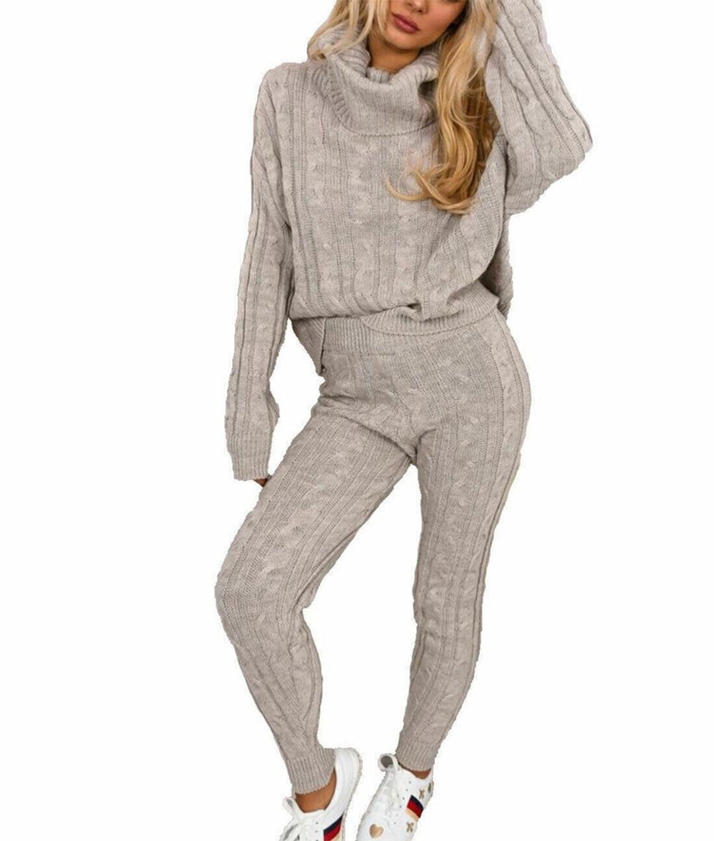 Ladies Chunky Knitted Ribbed Polo High Neck Top Leggings Loungewear Suit Set – One Size- Stone Ladies Chunky Knitted Ribbed Polo High Neck Top Leggings Loungewear Suit Set – One Size- Stone