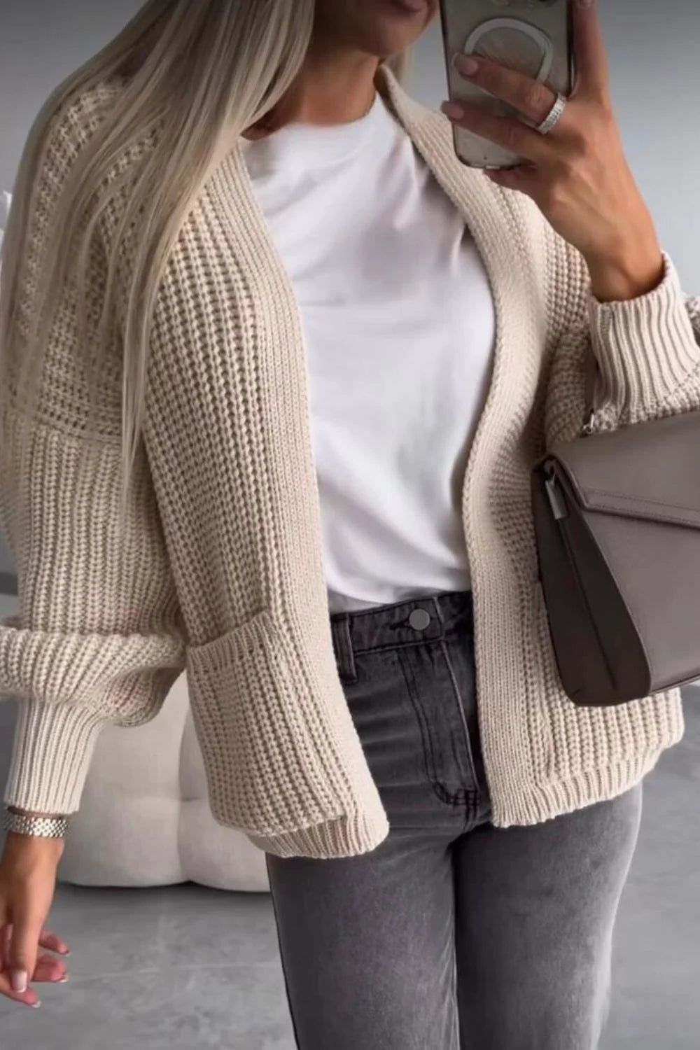 Crop Balloon Pocket Cardigan – One Size – Stone Crop Balloon Pocket Cardigan – One Size – Stone