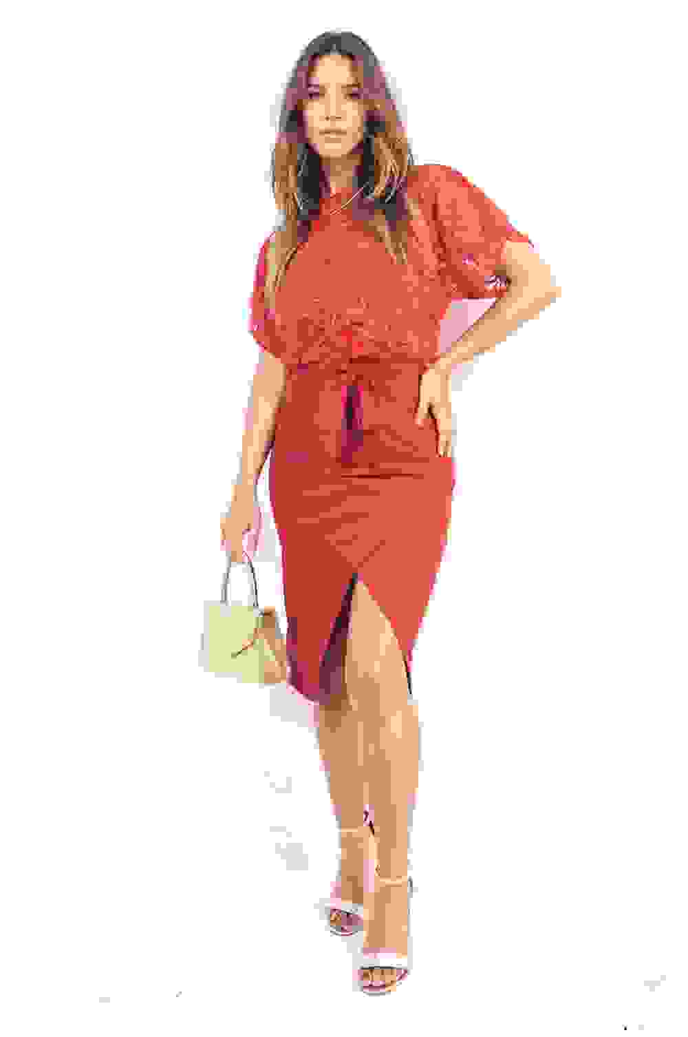 Norah Floral Lace Sleeve Tie Waist Midi Dress – Red Norah Floral Lace Sleeve Tie Waist Midi Dress – Red