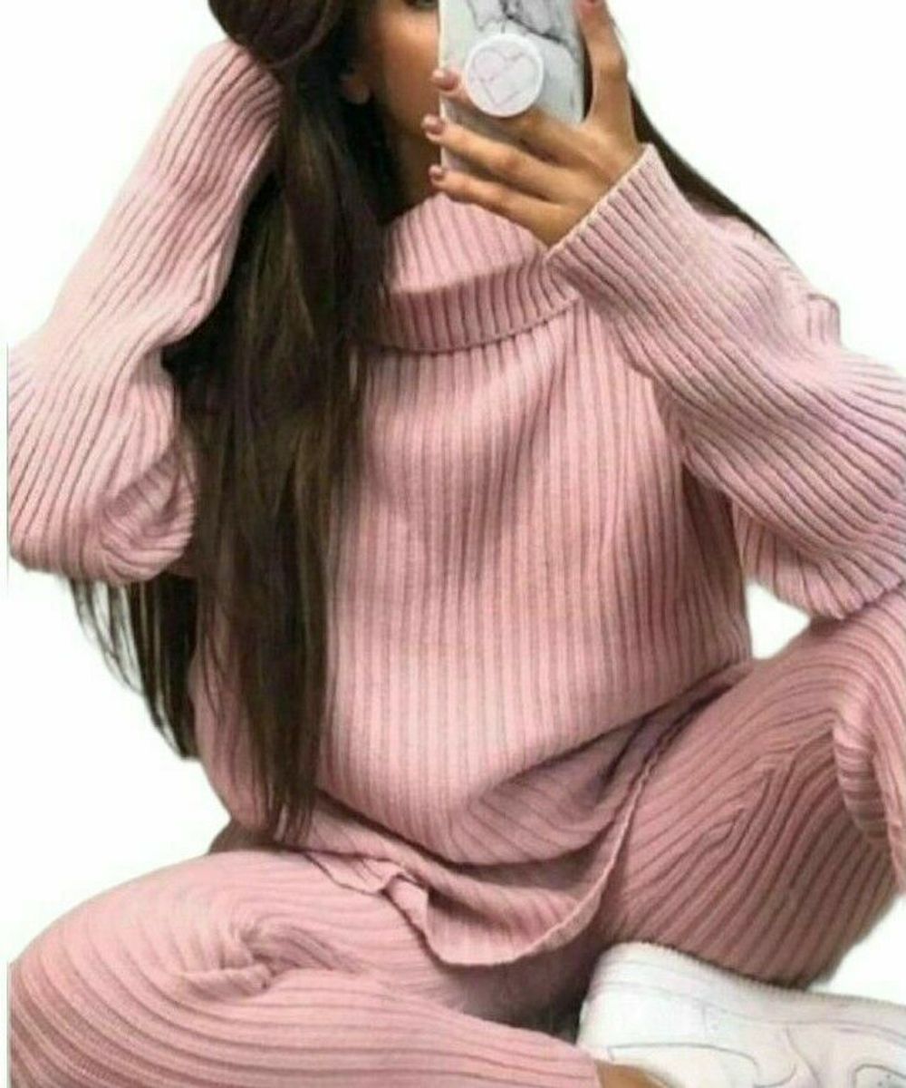 Ladies Chunky Knitted Ribbed Polo High Neck Top Leggings Loungewear Suit Set – One Size- Pink Ladies Chunky Knitted Ribbed Polo High Neck Top Leggings Loungewear Suit Set – One Size- Pink