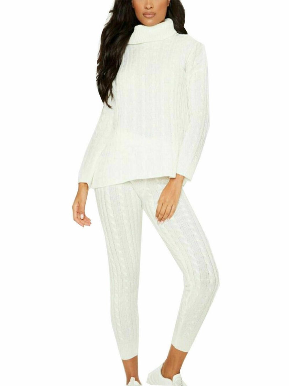 Ladies Chunky Knitted Ribbed Polo High Neck Top Leggings Loungewear Suit Set – One Size- Cream Ladies Chunky Knitted Ribbed Polo High Neck Top Leggings Loungewear Suit Set – One Size- Cream