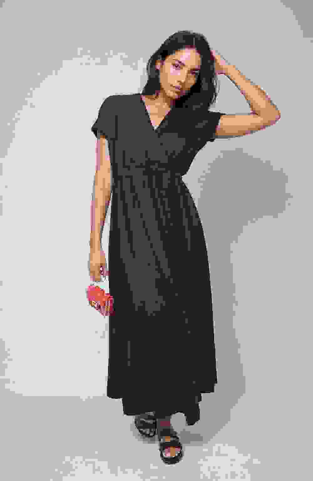 Francesca Wrap Tie Waist Short Sleeve Midi Dress – SM Black Francesca Wrap Tie Waist Short Sleeve Midi Dress – SM Black
