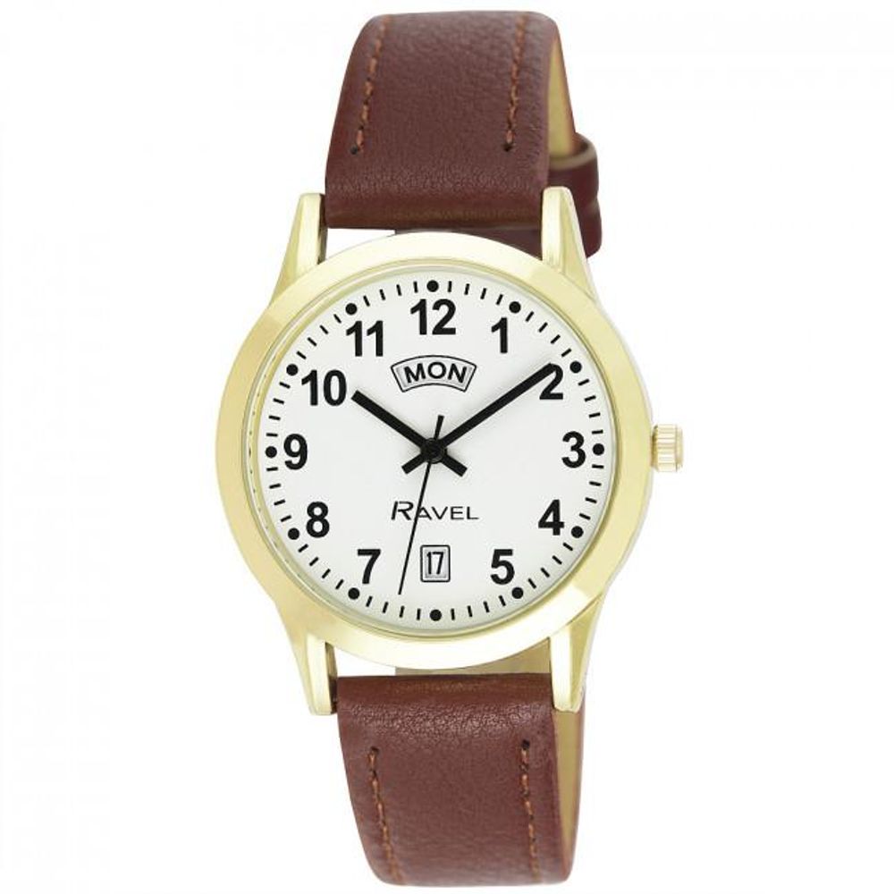 Ravel Mens Gilt DayDate Brown Faux Leather Strap Watch R.. Ravel Mens Gilt DayDate Brown Faux Leather Strap Watch R..